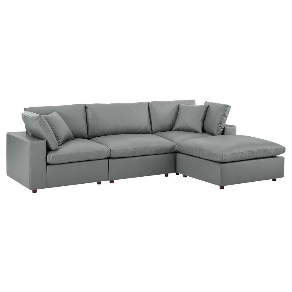 Gray Faux Leather 4-Piece Sectional Sofa with Ottoman and Down Fill