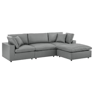 Commix 119 in. W Gray Down Filled Overstuffed 3 Seat Faux Leather 4-Piece Sectional Sofa
