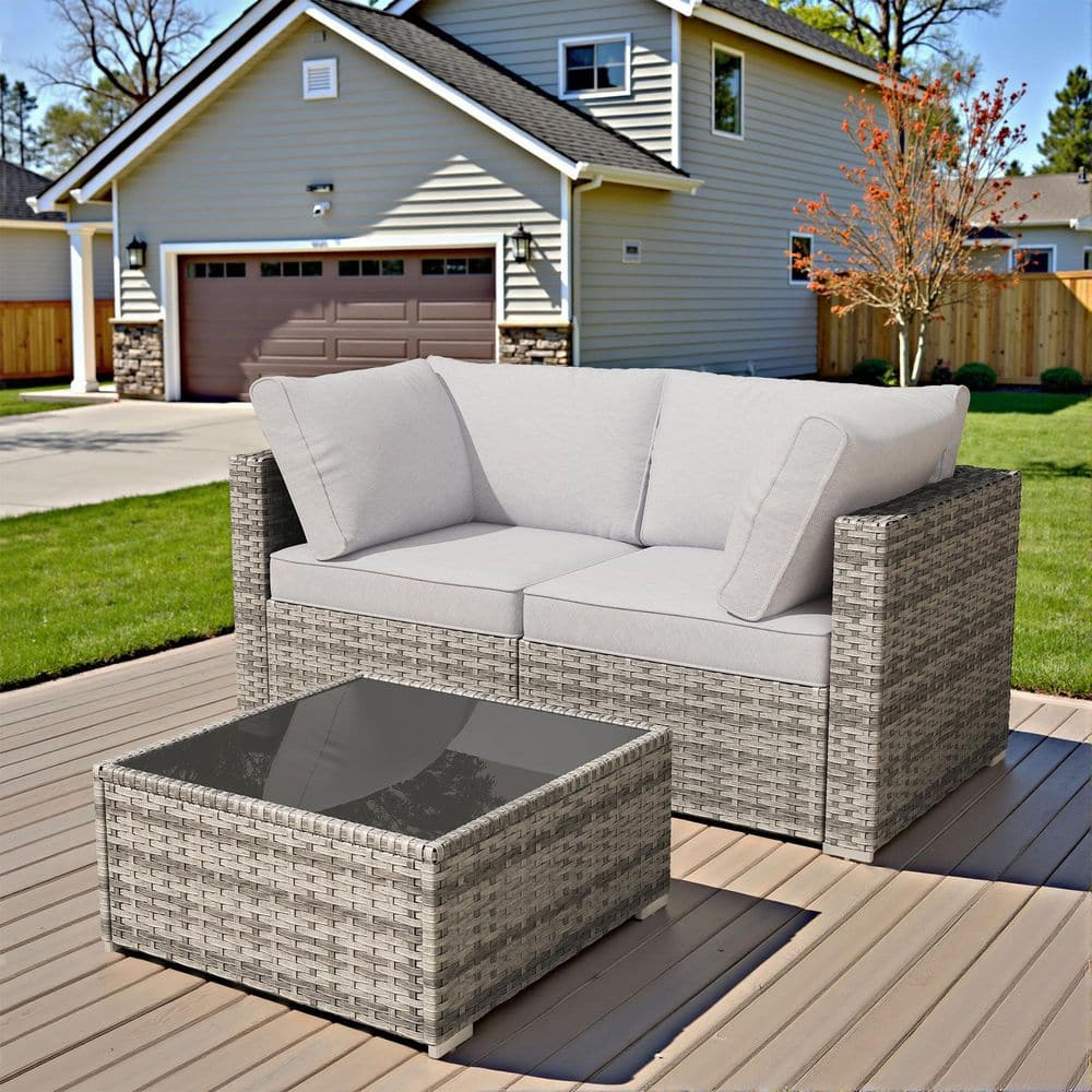 Nestle 3 Pieces Wicker Outdoor Patio Conversation Corner Sofa Set with Gray Cushions and Coffee Table price history on PriceWatchPro