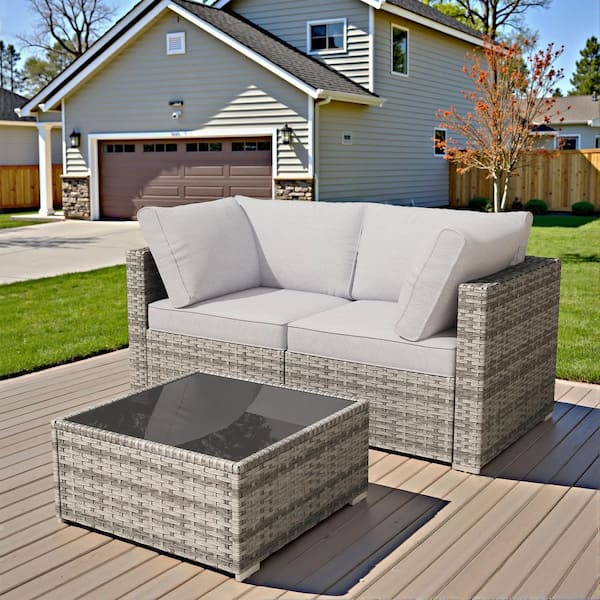 Nestle 3 Pieces Wicker Outdoor Patio Conversation Corner Sofa Set with Gray Cushions and Coffee Table