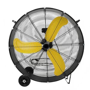 36 in. Industrial Drum Fan, 18600 CFM High Velocity Turbo Barrel Floor Fan with Casters Handle 9 ft. Cord in Yellow