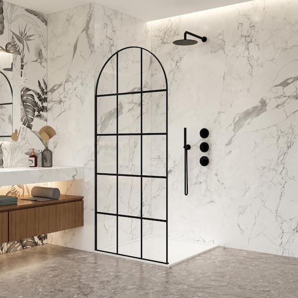 ROSWELL Aranaz 34 in. W x 78 in. H Fixed Single Panel Framed Shower Door in Matte Black with Clear Glass