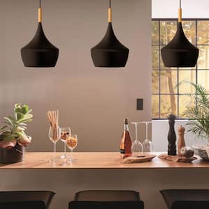 1-Light Industrial Farmhouse Matte Black Hanging Kitchen Island Pendant Light with Metal Dome Shade