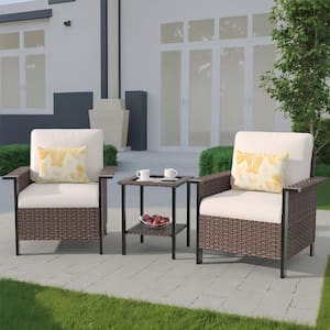 Nyajiah 3-Piece Wicker Patio Conversation Set with Beige Cushions