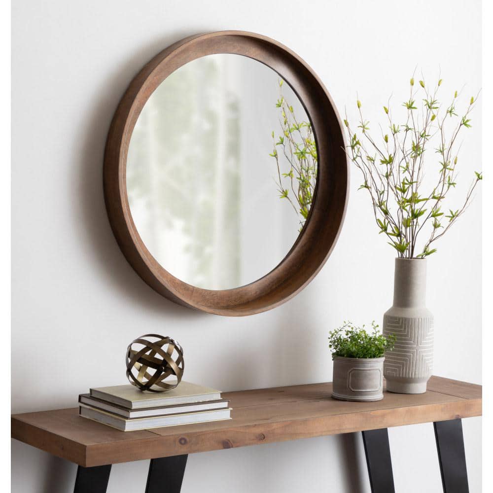 Walnut Round Wood Wall Mirror with Shelf 30"