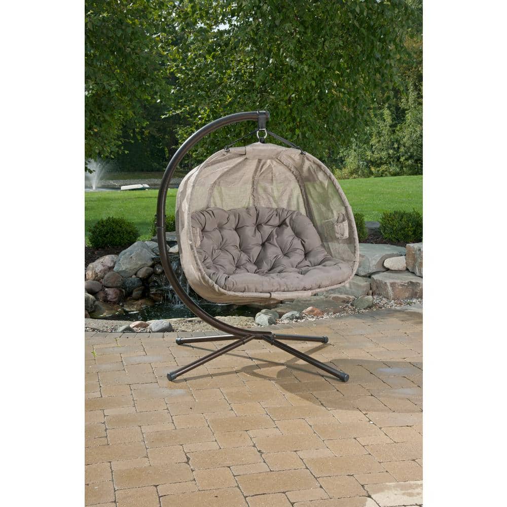 Bark Brown Hanging Pumpkin Chair with Cushions and Stand