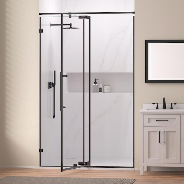 50-54 in. W x 74 in. H Semi-Frameless Pivot Shower Door in Matte Black with 1/4 in. Clear Tempered Glass