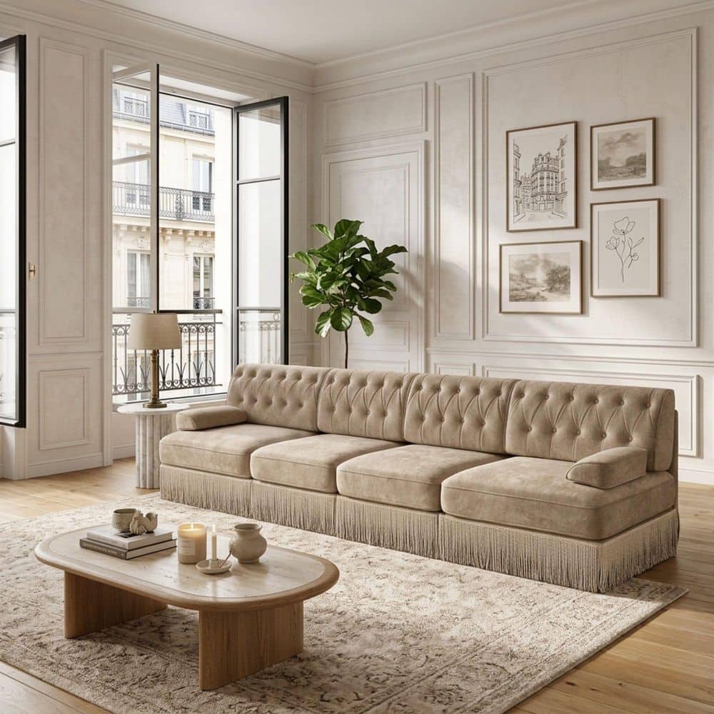 LEON 135.6 in. Pillow Top Arm 4-Piece Velvet Modular Sectional Sofa Set with Fringe Skirt in Warm Taupe, Easy Assemble price history on PriceWatchPro