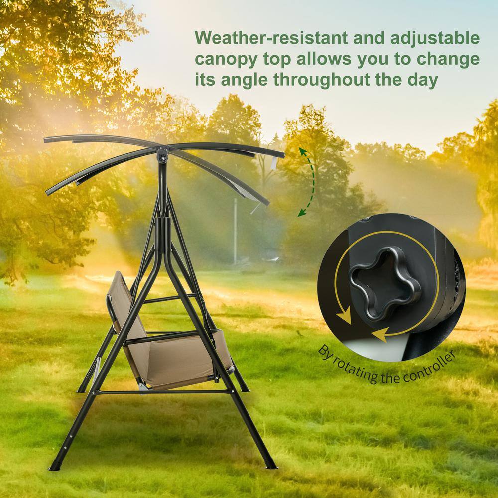 Brown 3-Person Outdoor Patio Swing with Adjustable Canopy
