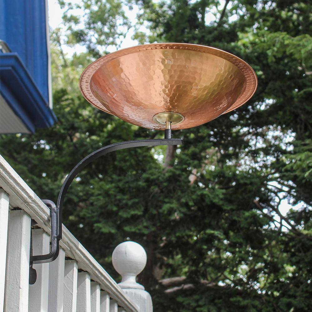 Hammered Copper Birdbath with Black Iron Rail Mount