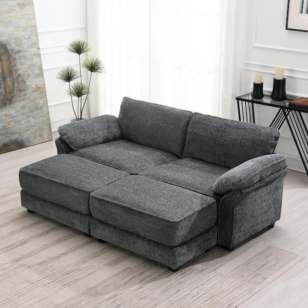 Harper & Bright Designs 81 in. Pillow Top Arm Chenille Convertible Sectional Sofa in Gray with 2 Movable Ottomans, Modular Sofa Bed