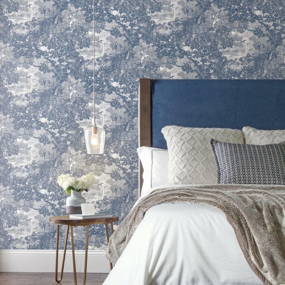 Blue and Gray Jungle Toile Peel and Stick Wallpaper Roll