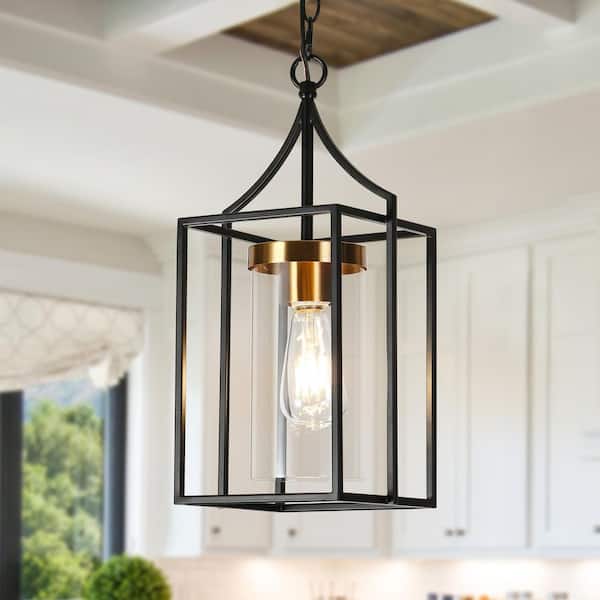 LNC Modern Black Pendant Light Industrial 1-Light Cage Pendant Light with Cylinder Clear Glass Shade and Brass Accents