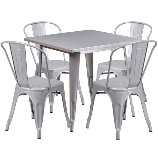 Unbranded Metal Outdoor Dining Table 31.5 in. Square Metal Indoor-Outdoor Table Set with 4 Stack Chairs in Silver