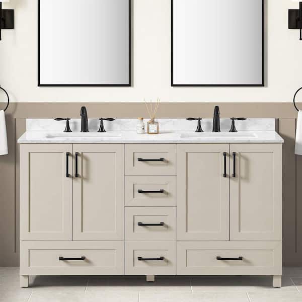 Tobana 60 in. Double Sink Beige Bath Vanity with White Engineered Marble Top (Assembled)