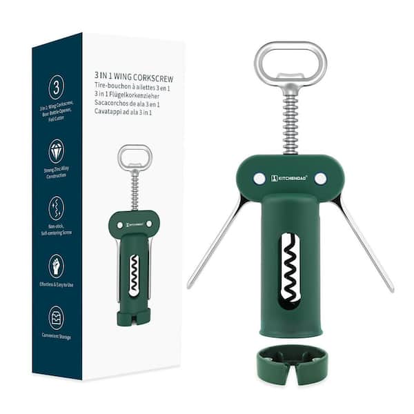 Green 3 in 1 Wing Corkscrew Wine Bottle Opener with Foil Cutter, Multifunctional Wine Opener with Non-Stick Sharp Screw