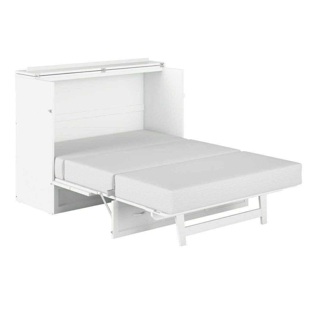 White Wood Frame Full Murphy Bed Chest with Storage Drawer