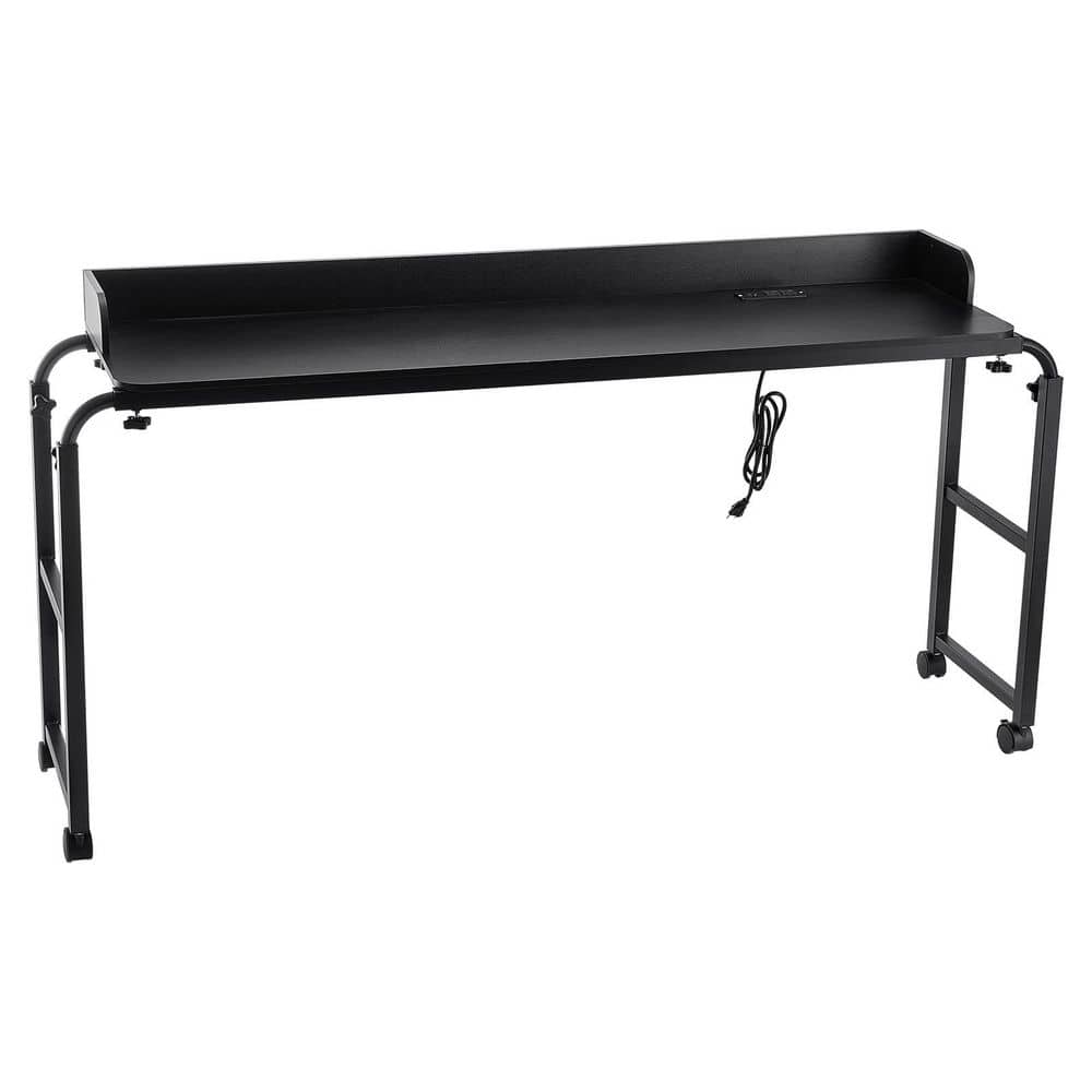 SKYSHALO Overbed Table, Mobile Bed Side Table with 4 Wheels (2 with Brakes) and Power Socket, Height Adjustable, Rolling, Black