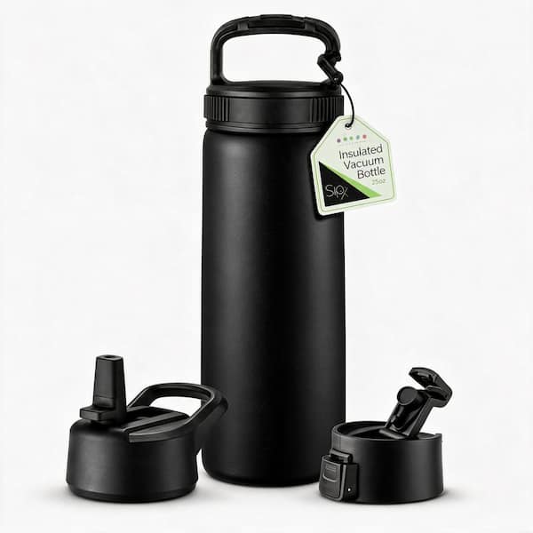 25 oz. Black Stainless Steel, Insulated Water Bottle with 3 Lids - Leakproof Triple Insulated