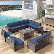 13-Piece Wicker Patio Conversation Set with 55000 BTU Gas Fire Pit Table and Glass Coffee Table and Cushions Navy Blue