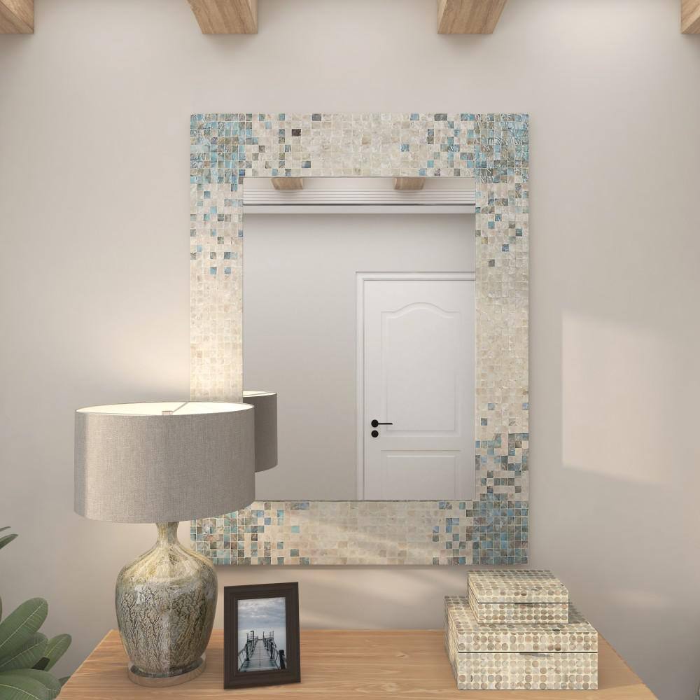 Coastal Cream Rectangular Wall Mirror with Blue Mosaic Corners