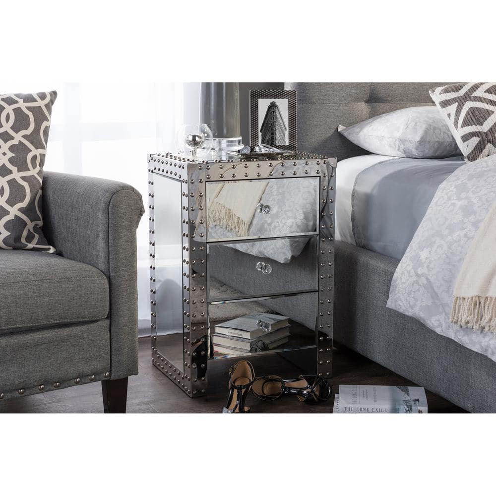 Azura Silver Mirrored 3-Drawer Nightstand with Nailhead Trim
