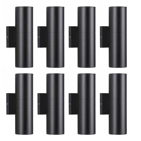 Black Outdoor Hardwired Cylinder Wall Light Lantern Sconce with Integrated LED Up Down Lights (8-Pack)