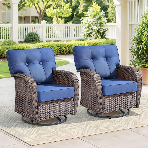 Modern Seaside Series 2-Piece Patio Wicker Swivel Outdoor Rocking Chair with Blue Cushions
