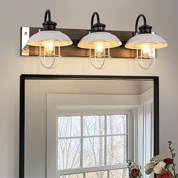 24 in. 3-Light Chrome and Wood Damp Rated Vanity Light with Dimmable for Bathroom No Bulbs Included
