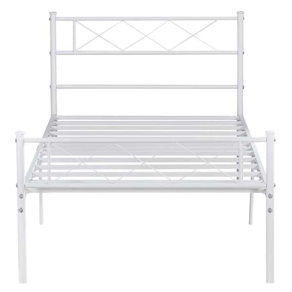 VECELO Victorian Bed Frame ，White Metal Frame 40 in. W Twin Size Platform Bed With Headboard and Footboard，Metal Slat Support
