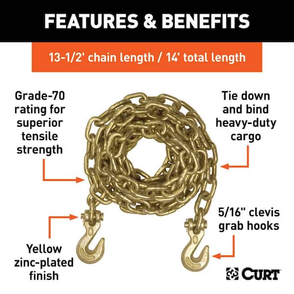 CURT 80316 35-Inch Trailer Safety Chain with 3/8-In Clevis Snap Hook,  24,000 lbs Break Strength, YELLOW ZINC