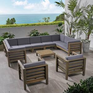 Oana Grey 10-Piece Wood Patio Conversation Sectional Seating Set with Dark Grey Cushions