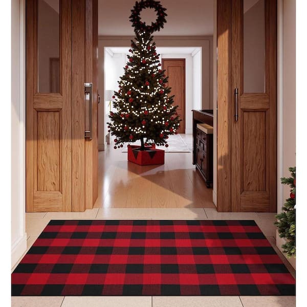 Christmas Rug Red and Black 36 in. x 60 in. Checkered Entryway Rug