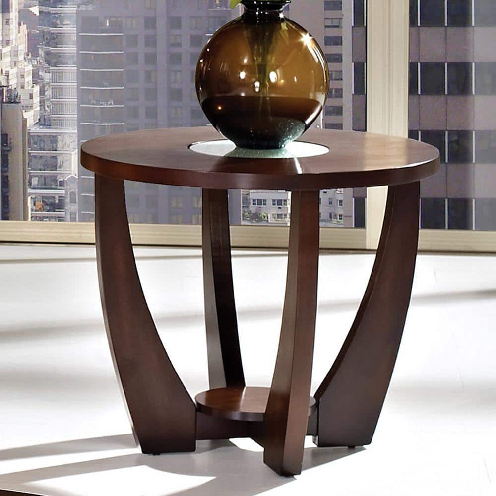 26'' Modern Cherry Wood Round End Table with Glass Inlay
