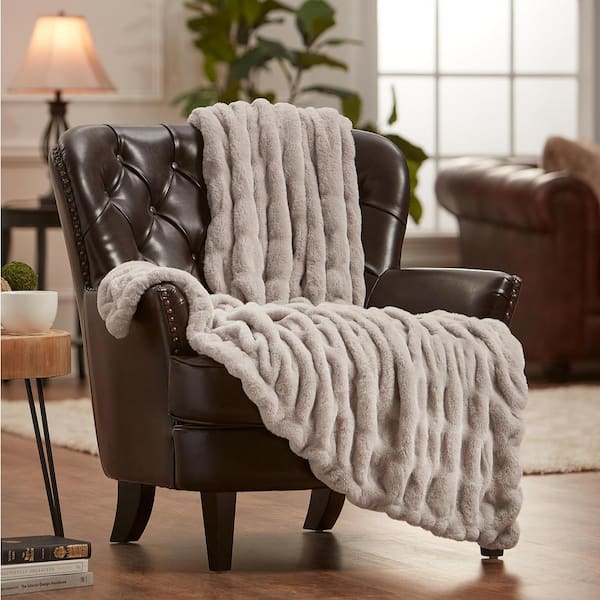CHANASYA Rushed Taupe Faux Fur Reversible Minky Throw Blanket, 50 x 65 in.