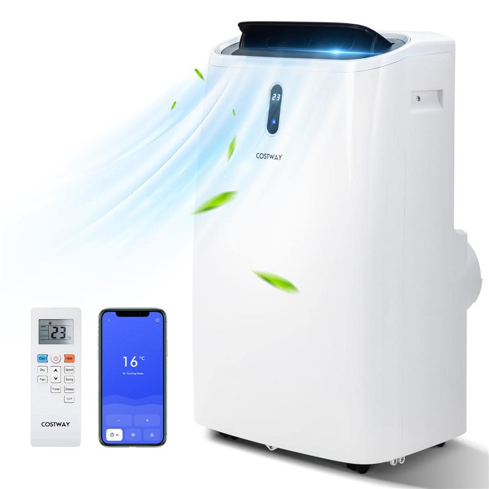 9,000 BTU Portable Air Conditioner Cools 450 Sq. Ft. with Heater, Dehumidifier and Wi-Fi Smart Control in White -  Costway, FP10115US-WH