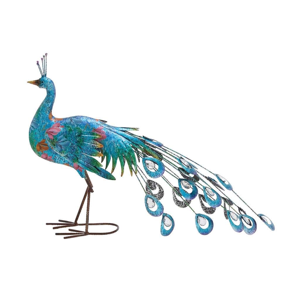 Teal and Blue Metal Peacock Garden Sculpture with Crystal Accents