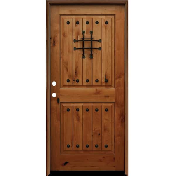 Pacific Entries 36 in. x 80 in. Rustic 2-Panel Square Top V-Grooved Stained Knotty Alder Prehung Front Door