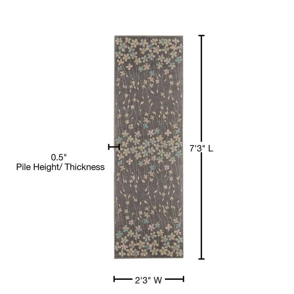 Tranquil Blossom Grey/Beige Viscose Floral Runner Rug 2'3" x 7'3"