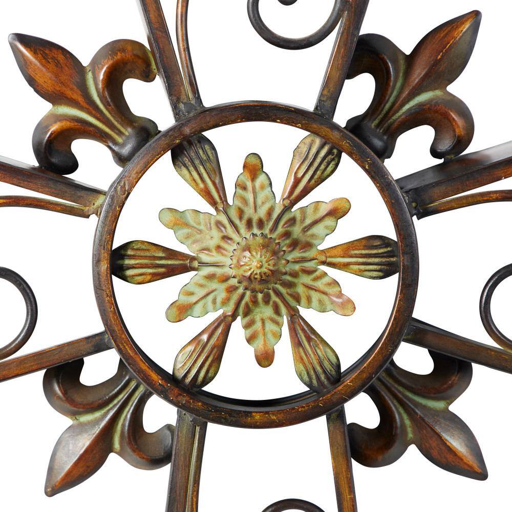Brown Metal Scroll Cross Wall Sculpture with Floral Center