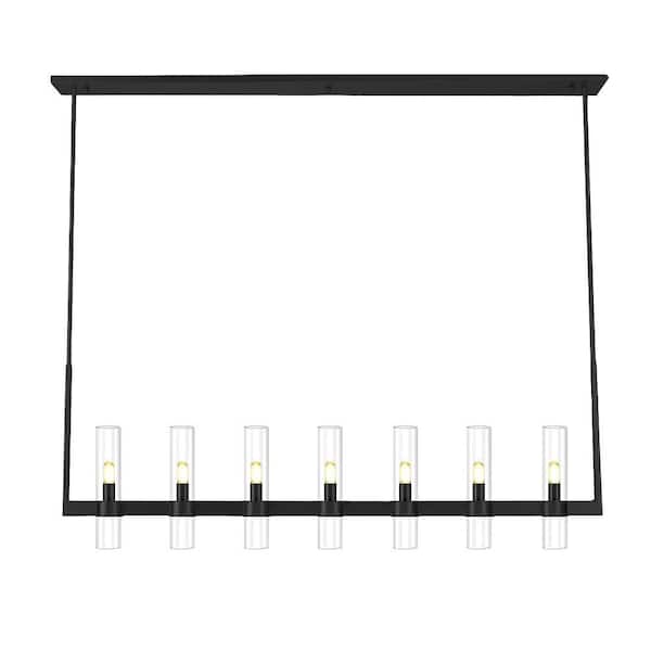 7-Lights 55 in. Dimmable Black Kitchen Island Linear Chandelier with Glass Shade, for Foyer Living Room (Bulbs Included)