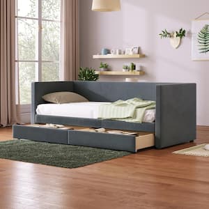 Gray Twin Size Upholstered Wood Daybed with 2-Drawers