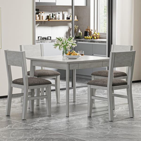 5-Piece Dining Table Set-Square Table with Storage and 4 Upholstered Chairs for Small Spaces Gray Kitchen Table Set