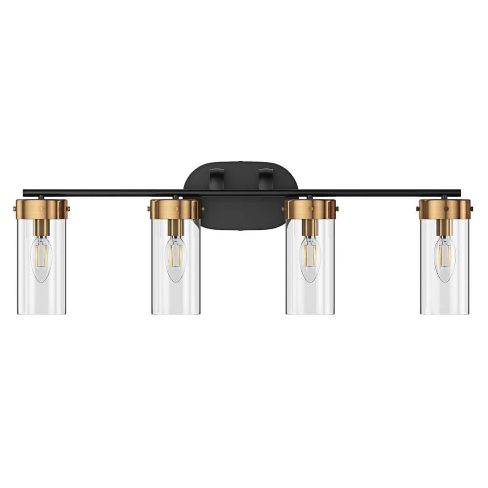 Modern 28.74 in. 4-Light Black and Gold Bathroom Dimmable Vanity Light Fixt