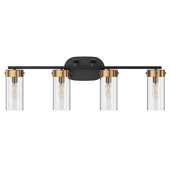 aiwen Modern 28.74 in. 4-Light Black and Gold Bathroom Dimmable Vanity Light Fixture Over Mirror with Glass Shades
