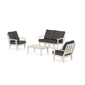 Oxford 4-Pcs Plastic Patio Conversation Set with Loveseat in Sand/Ash Charcoal Cushions