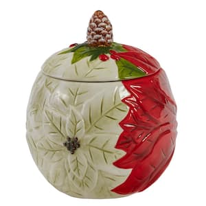 1-Stone Red and Cream Floral Cookie Jar