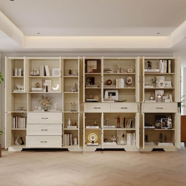 78.7 in. Tall Light Oak Wood 27-Shelf Wall Bookcase with Drawers, Anti-Tip Kit, Home Office, Living Room