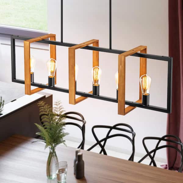 Rennnsan Mason 6-Light Matte Black with Oak Shelf Farmhouse Kitchen Island Pendant Light with Upward Light Base