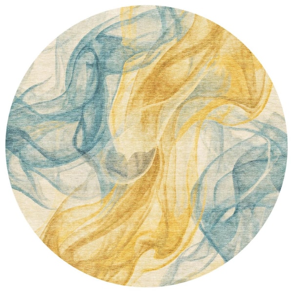 Chantille Machine Washable Indoor/Outdoor Abstract ACN2963 Gold 8 ft. x 8 ft. Round Rug